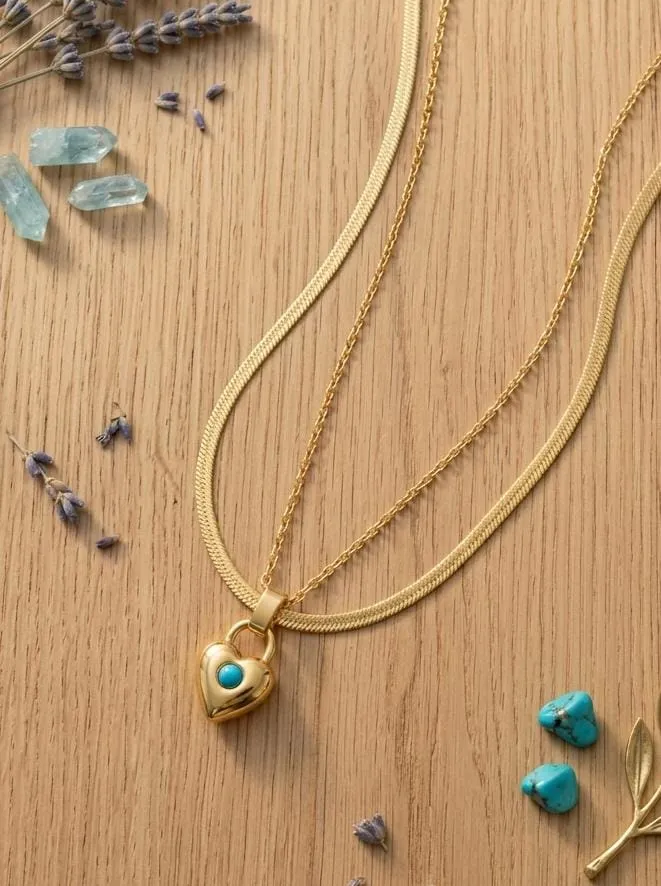Stylish Gold-Tone Layered Heart Pendant Necklace with Turquoise Accent for Women