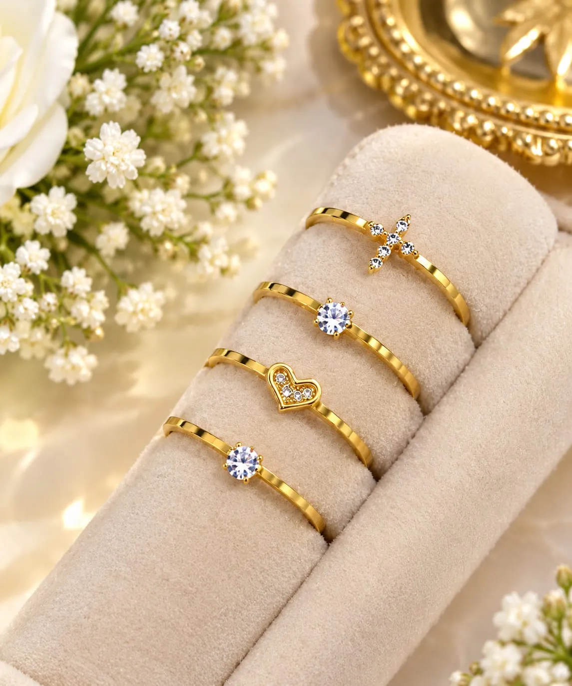 Luxurious 4 Piece Gold Plated Stylish Rings Combo for Women